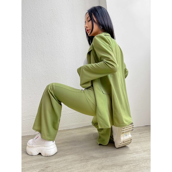 2 piece set suit single Button Blazer & Flare Leg wide leg Pants black - Picture 2 of 8